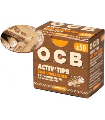 Φιλτράκια OCB ACTIV TIPS Unbleached 7mm SLIM 50 Ενεργού Άνθρακα Ακατέργαστα