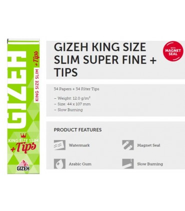 GIZEH KING SIZE SLIM SUPER FINE + TIPS Χαρτάκια με Τζιβάνες (κουτί με 26τεμ)